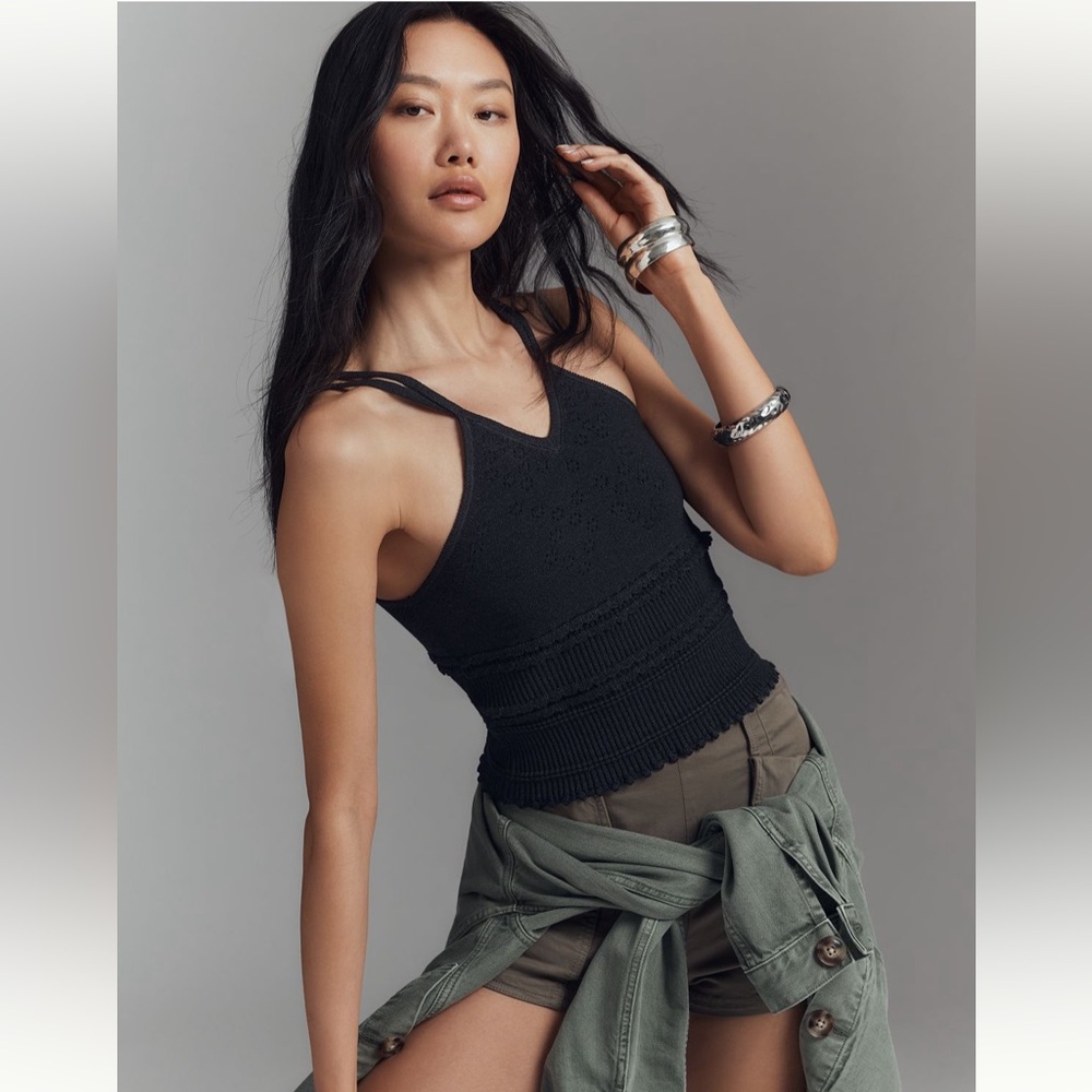 Anthropologie Knit V Neck Black Linen Blend Tank Top SZ Med Essential Spring